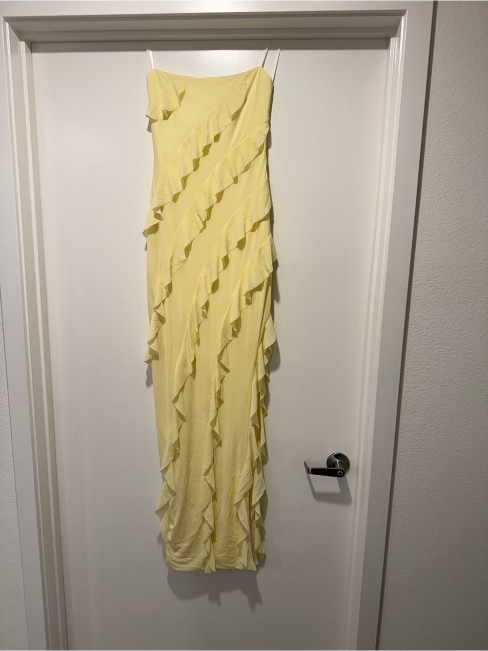 Windsor Pale Yellow Ruffle Strapless Maxi Dress with Slit - NWT